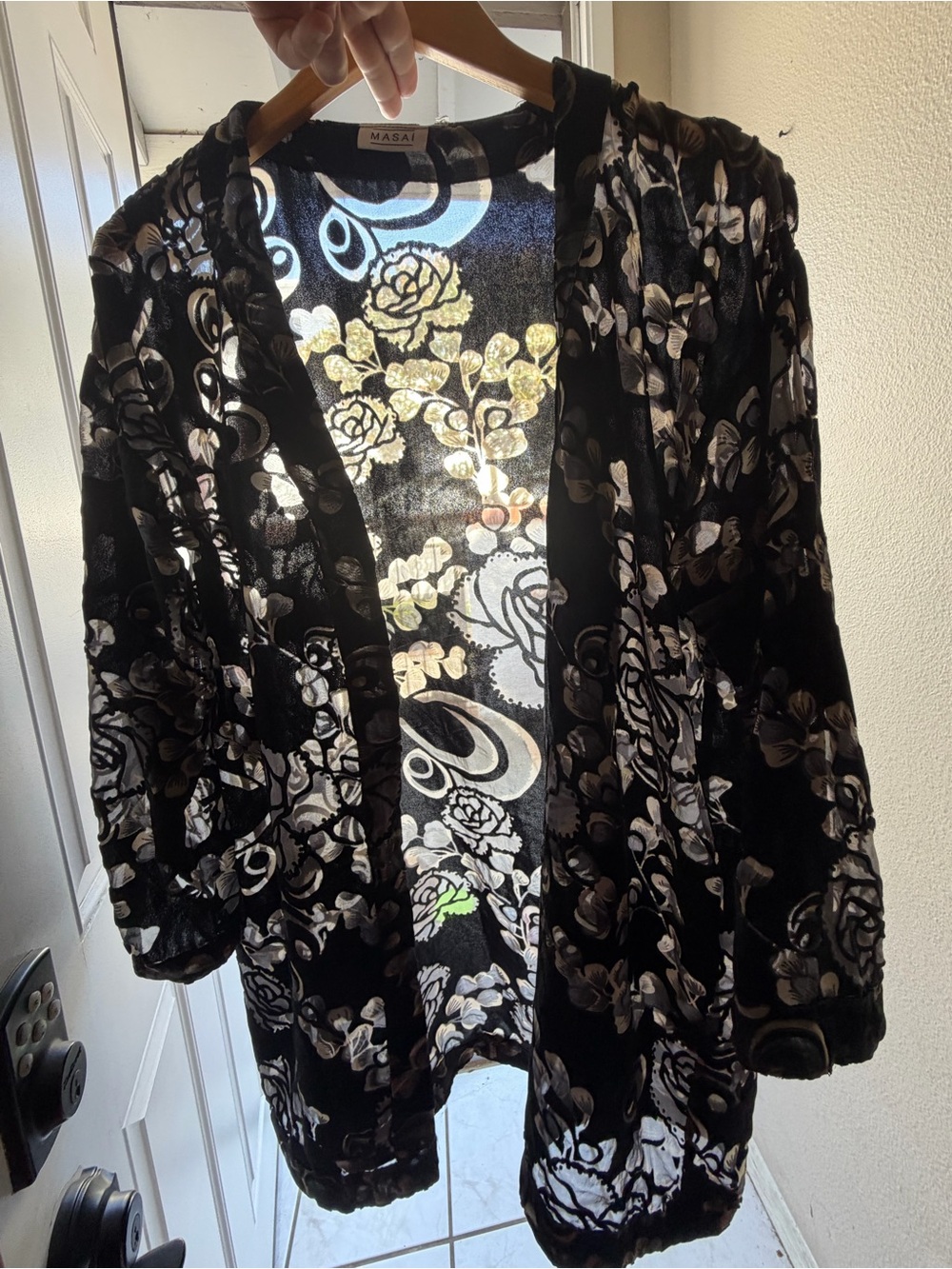 Masai Kimono Burn Out Velvet Cardigan XL Black Floral Lightweight Layer Boho